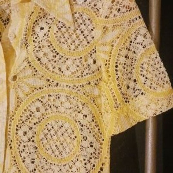 Lace, button-down, short-sleeved, "bodycon" lace blouse by Anna Huling. - Picture 3 of 11